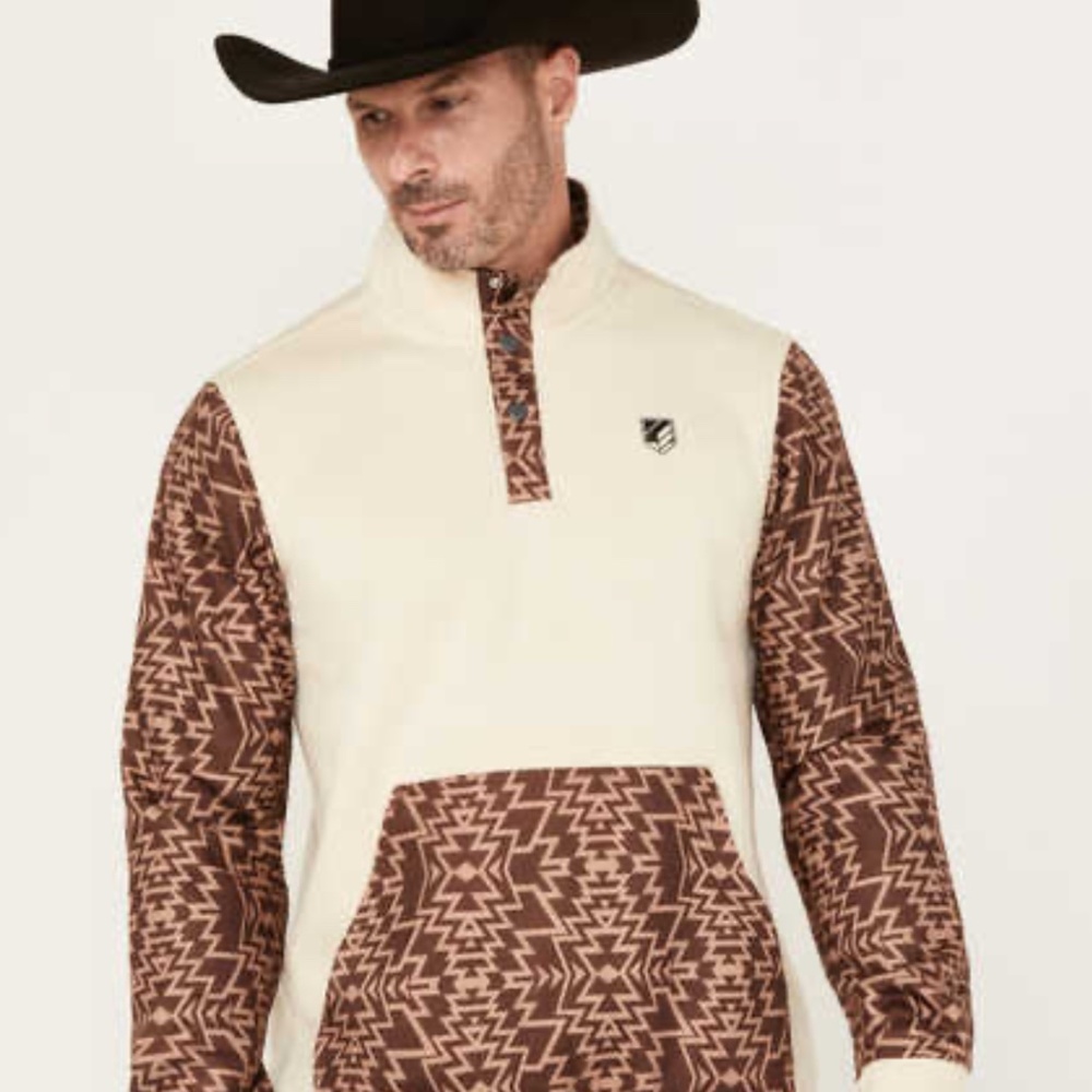 Rank 45 Men’s Fleece Pullover, Size Medium, Beige n Brown, 1/4 Snap Down - Nice